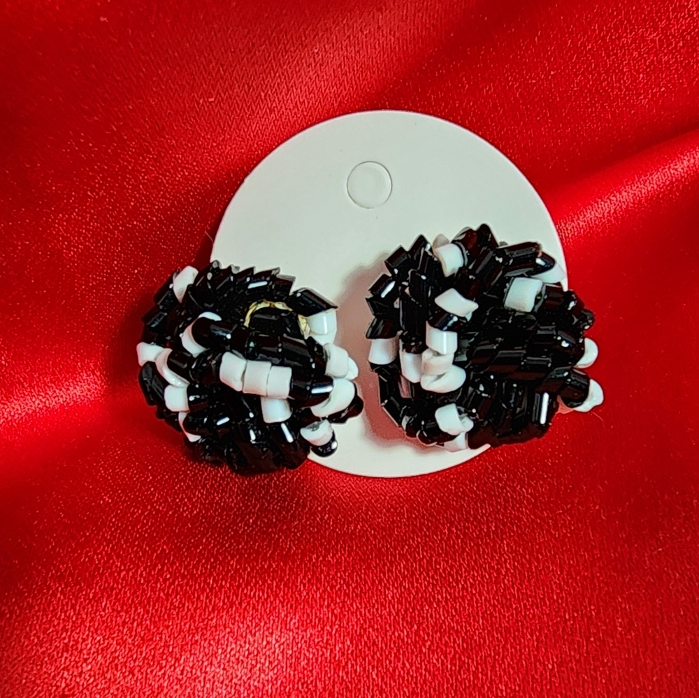 Pom Pom Beaded Cluster Black and White Earrings